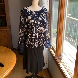 Alfani dressy blouse. Navy flowers outlined in beige on off white background
